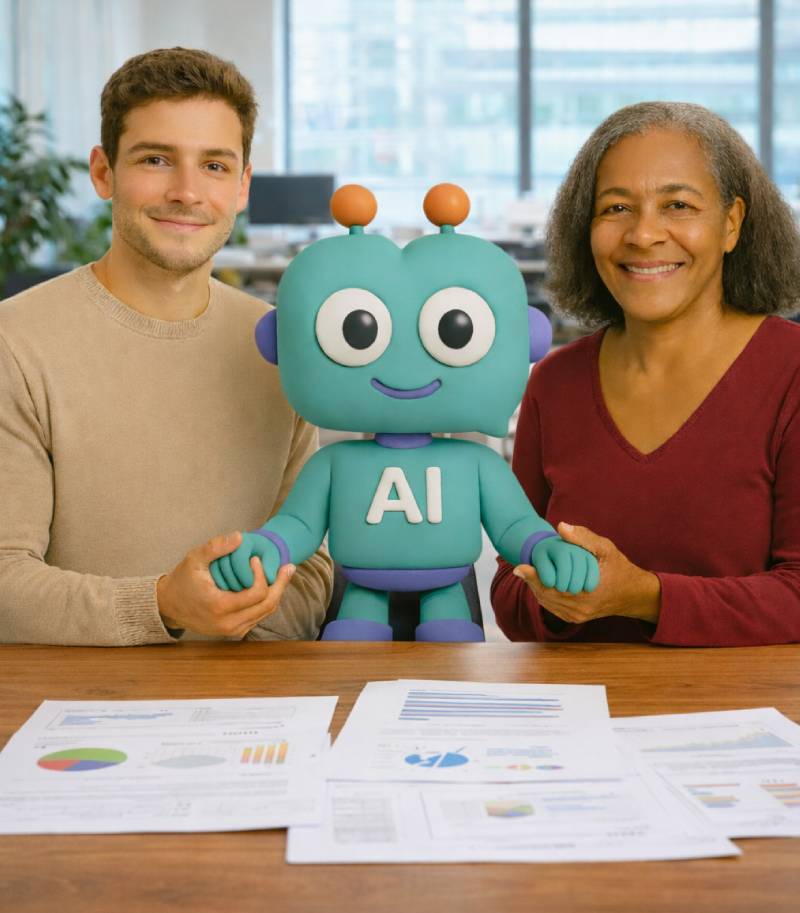 Cocobot aux côtés de deux professionnels pour un accompagnement ciblé.
